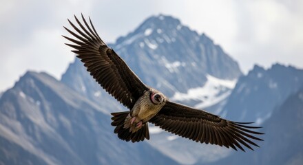 Obraz premium A majestic bird soars through the sky with a stunning mountain range in the background