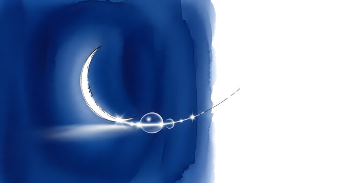 A slender white crescent moon glows against a deep indigo watercolor wash alongside shimmering light spheres. This celestial art creates a peaceful and mystical atmosphere, with copy space.