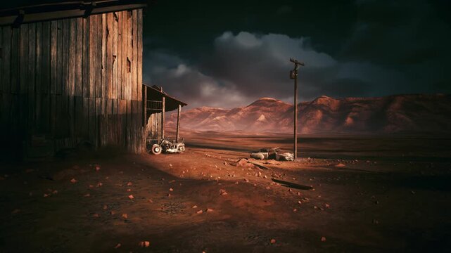 desert shack dusk storm clouds, weathered barn beside rusted motorcycle and leaning utility pole, distant redrock mesas under dramatic sky, cracked dirt ground