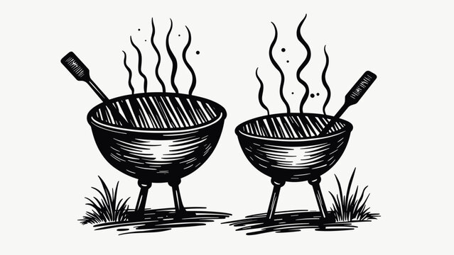 A minimalist black and white sketch features two round charcoal grills with rising smoke and cooking spatulas. This graphic scene evokes the atmosphere of a summer backyard barbecue, with copy space.