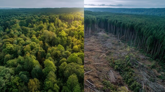 Split aerial forest landscape contrasting healthy woodland and clear-cut destruction, illustrating deforestation, habitat loss, and urgent environmental change.