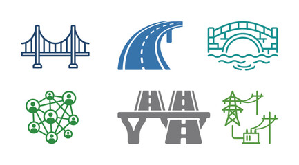 Fototapeta premium Collection of modern vector icons. This set includes infrastructure symbols like bridges, roads, social network, and an electrical grid for web or app design.