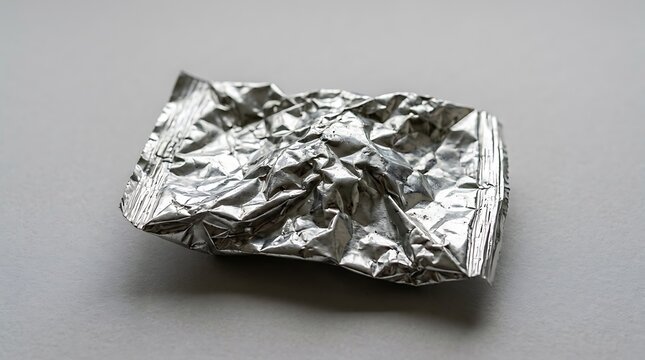 Crumpled shiny aluminum foil wrapper on gray surface  everyday object  household item