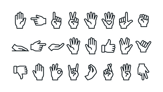 A set of various hand gestures line icons. Includes common signs like thumbs up, peace, and ok. Perfect for UI, web design, and communication concepts. Vector.