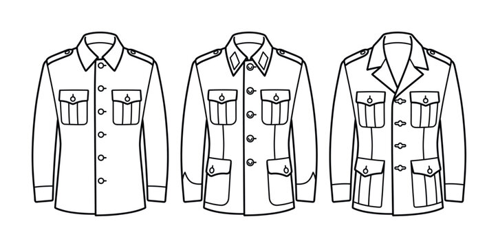A collection of men's safari jacket vector illustrations. Classic military and field shirt outlines for fashion design, apparel templates, or adventure icons.