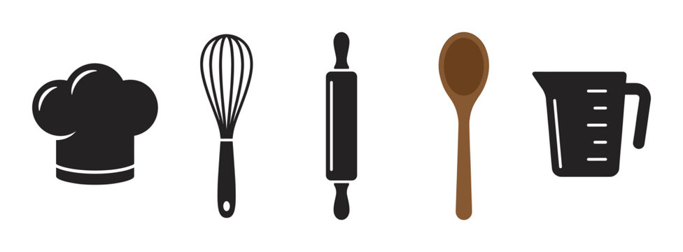 A simple vector set of kitchen and baking utensil icons. Includes chef hat, whisk, rolling pin, spoon, and measuring cup. Perfect for culinary logos or menus.