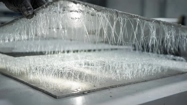 Medium shot of glass fiber reinforced thin concrete panels being carefully fabricated highlighting the translucent strands embedded for enhanced structural strength.