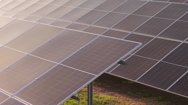 Solar Panels Close Up Aerial View at Sunset Green Power Technology