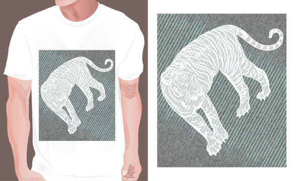 tiger shirt print design. print on demand. vector illustration nice effect white green color of tiger t shirt print design for light background.