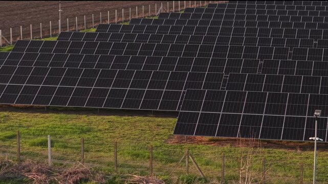 Solar Energy Panels Grid Pattern Drone Aerial Shot Power Generation