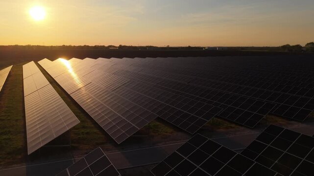 Renewable Energy Solar Farm Top Down Drone Perspective at Sunset