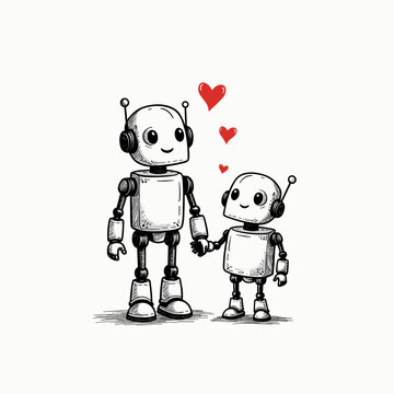 A charming monochrome sketch shows a parent robot holding hands with its smaller child. Three red hearts float above them, celebrating family love.