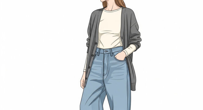 Casual Woman Wearing Cardigan White Top And Jeans.