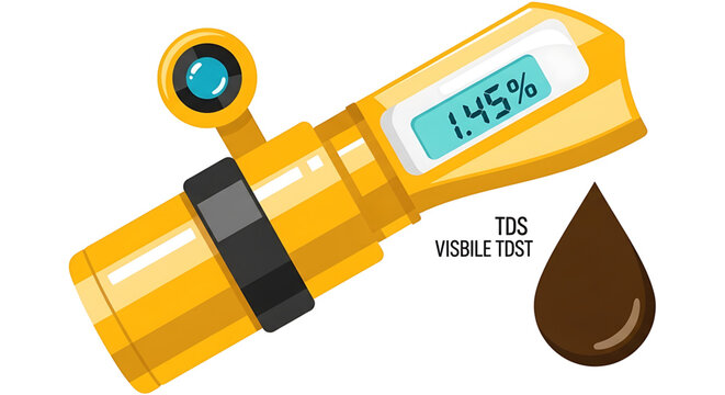 A digital illustration of a yellow TDS meter with a screen displaying 1.45% and a brown water droplet