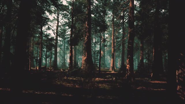 moody twilight forest with sunlit trunks, dense pine stands and blue mist, dappled amber light on bark, shadowed leaf litter and moss, cinematic atmosphere