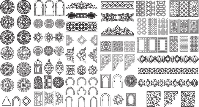 Islamic geometric patterns for decorative arabesque design and seamless borders.