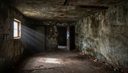 Obraz premium Abandoned Concrete Room Interior with Sunlight Through Window