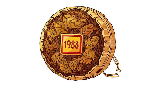 A vector graphic illustration of a wicker basket filled with autumn leaves and a yellow square with the year 1988
