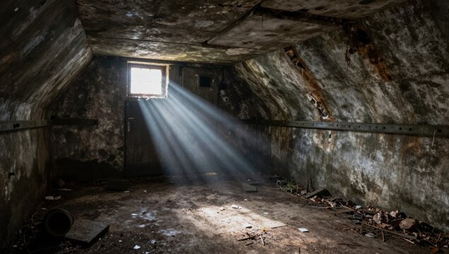 Sunlight streaming through window in abandoned concrete bunker interio