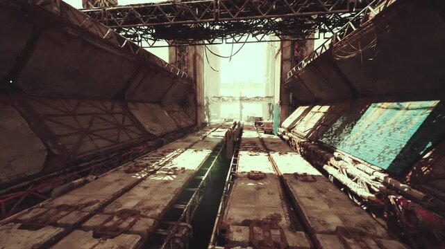 reactivated shuttle dock corridor flooded warm light long polished platform with gleaming rails, illuminated panels, overhead gantry and conduit runs, stacked