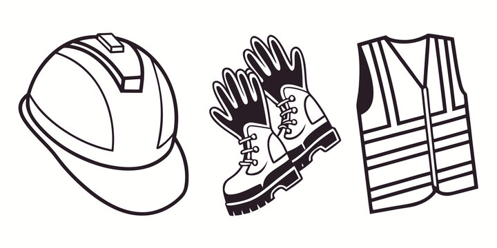 A set of construction safety equipment including a hard hat, gloves, boots, and vest