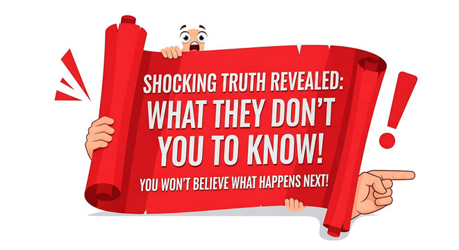 A cartoon character holding a red scroll with a shocking message in a vector graphic illustration.