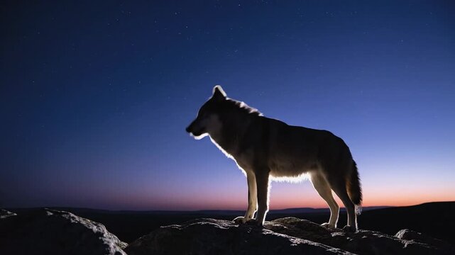 Wolf howling at night sky on rocky outcrop with stars and horizon in background