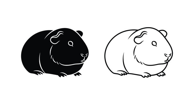 Cute Guinea Pig Silhouettes - Black and White Art Vector