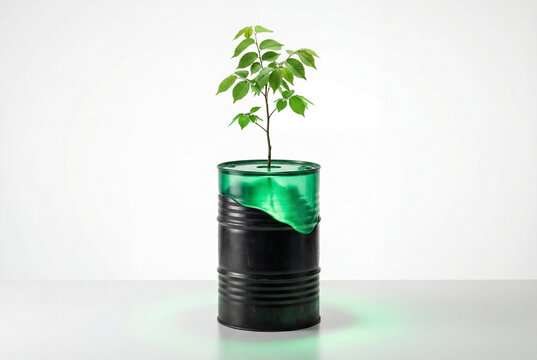 Small green plant grows out of black oil drum with translucent green liquid top against white background. Sustainable energy, industrial transition, ecological restoration, green technology.