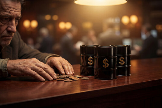 Senior man counts small coins on wooden counter next to miniature oil barrels with dollar signs. Energy poverty, economic hardship, rising fuel costs, social inequality.