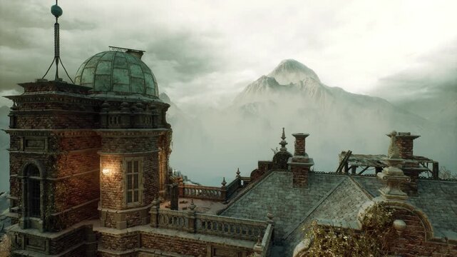ominous mansion under stormy sky with glowing windows and shadowed turrets, mist curling through trees, eerie mood suitable for horror production, Halloween