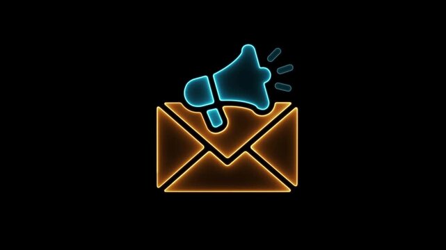 Glowing neon email box and mike alarm icon. Mail box with mike alarm. Email icon with check sign indicates message status. Successful e-mail delivery email delivery confirmation.