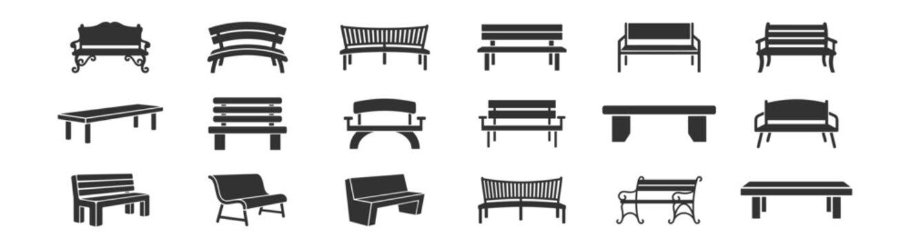 set of black bench icon silhouettes collection furniture seating concept on transparent background