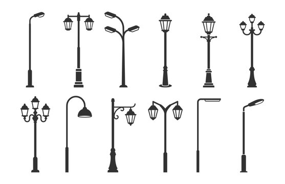 collection of black street lamp silhouettes vector illustration on transparent background