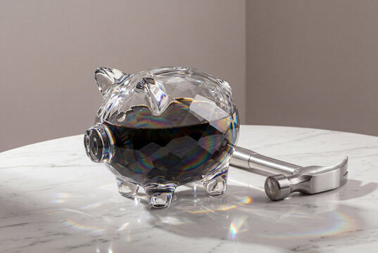 Faceted glass crystal piggy bank filled with dark oil sits on marble surface next to metal hammer. High energy prices, rising fuel costs, cost of living crisis.