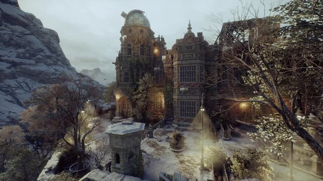 overgrown palace facade at golden dusk, vines creeping across ornate balconies and window frames, scattered leaves and soft lamp glow create romantic decay,