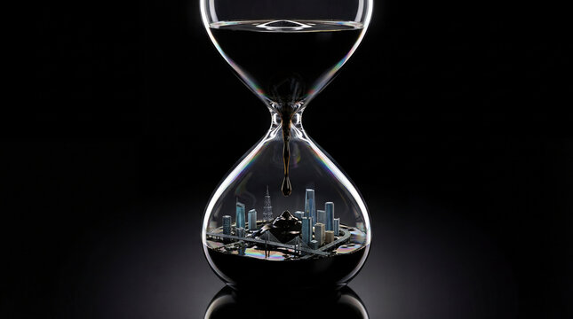 Dark liquid oil drips through glass hourglass onto miniature modern city model. oil spill metaphor, black gold economy, fuel scarcity concept.