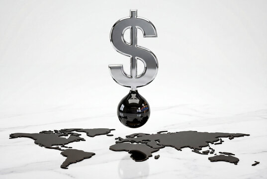 Large chrome dollar sign drips black oil onto flat world map made of liquid petroleum. Global economy, petrodollar system, fossil fuel dependency.