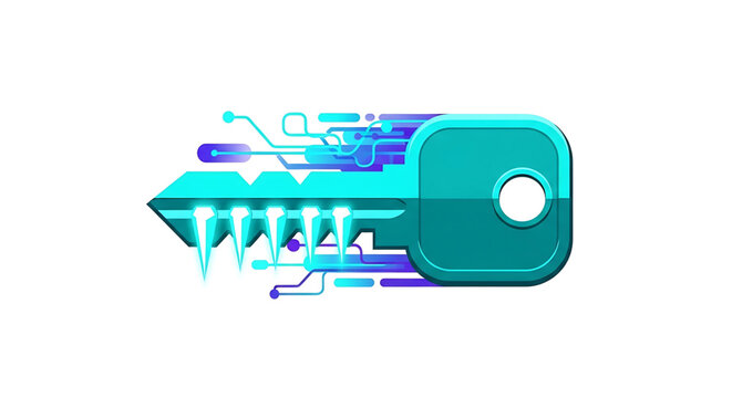 A futuristic teal key with circuit board design elements and purple accents on a white background