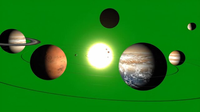A vibrant, luminous representation of our solar system showcasing planets in their orbits around the sun against a striking green backdrop, ideal for educational and cosmic themes
