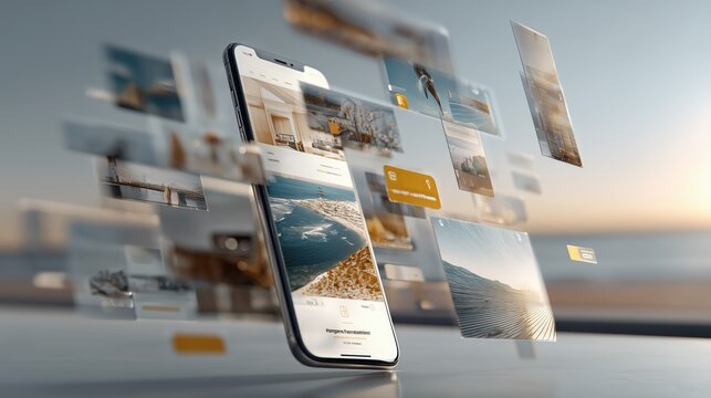 Mobile browsing concept showing floating media cards around smartphone, ideal for travel inspiration, booking apps, and storytelling