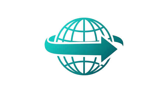 A teal-colored vector graphic of a globe with an arrow wrapped around it, symbolizing global movement and direction.