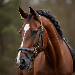 Obraz premium Majestic brown horse with braided mane and bridle in natural setting 