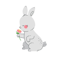 Obraz premium Cute bunny holding a pink flower. Kawaii rabbit character isolated on white background