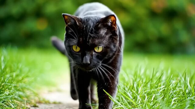 Feline predator stalking along narrow dirt path surrounded by lush green grass