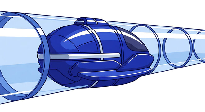 A futuristic blue transportation pod traveling through a transparent tube