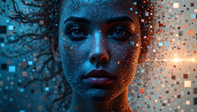 Woman face digital pixel art technology background with colorful squares and futuristic mood lighting