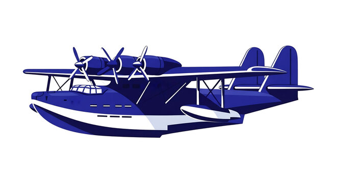 A blue and white vector graphic illustration of a seaplane with propellers on a plain background