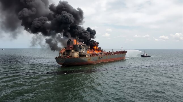 Large cargo ship on fire in the ocean with thick black smoke. Tugboat spraying water to extinguish flames. Maritime disaster and emergency response concept