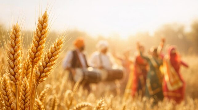 Cinematic footage for Baisakhi celebration. Close-up of golden wheat ears with blurred background of people dancing and playing dhol drums in a sunlit field. Warm, festive, and joyful atmosphere.